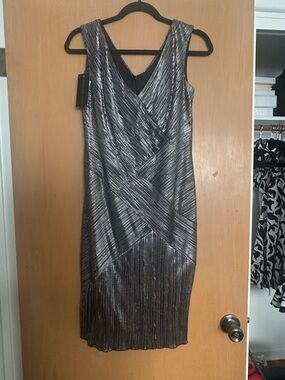 Metallic Silver Sleeveless Wrap-Front Dress